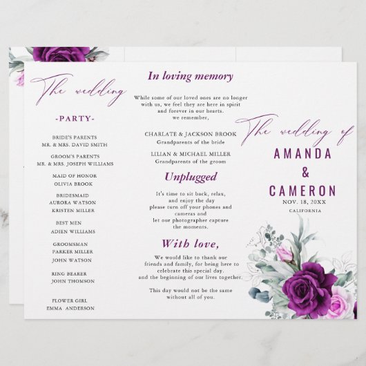 Rustikales Hochzeitsprogramm für Lila Blüten (Vorne/Hinten)