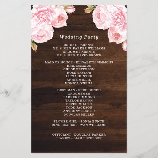 Rustikales Hochzeitsprogramm für Rose von Holzsait (Rückseite)