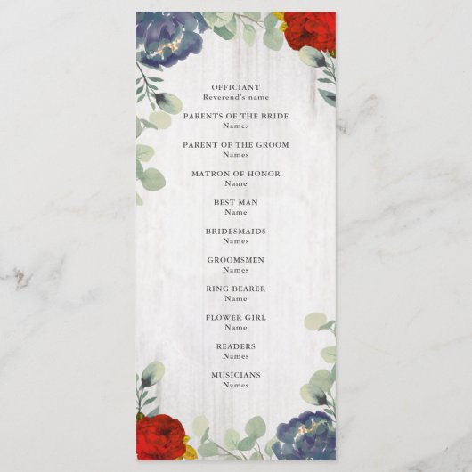 Rustikales Hochzeitsprogramm für Rote Blüte Programm (Rückseite)