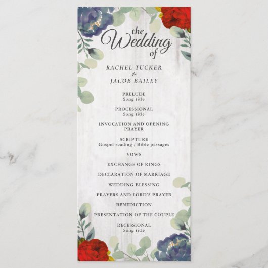 Rustikales Hochzeitsprogramm für Rote Blüte Programm (Vorderseite)