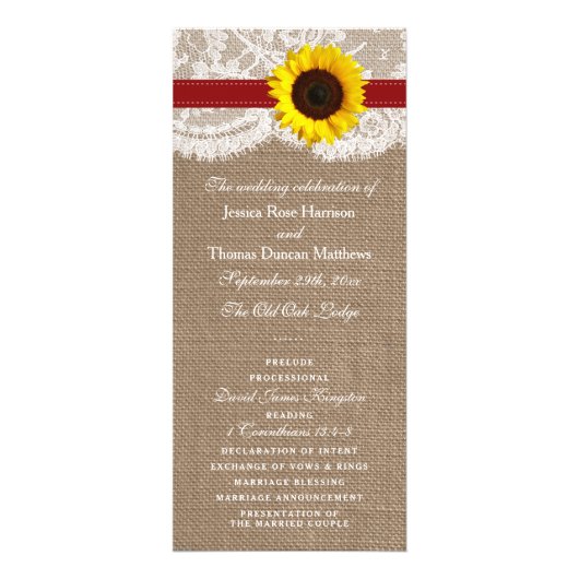 Rustikales Hochzeitsprogramm für Rote Sonnenblumen Werbekarte (Vorne)