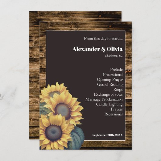 Rustikales Hochzeitsprogramm für Sonnenblumen (Vorne/Hinten)