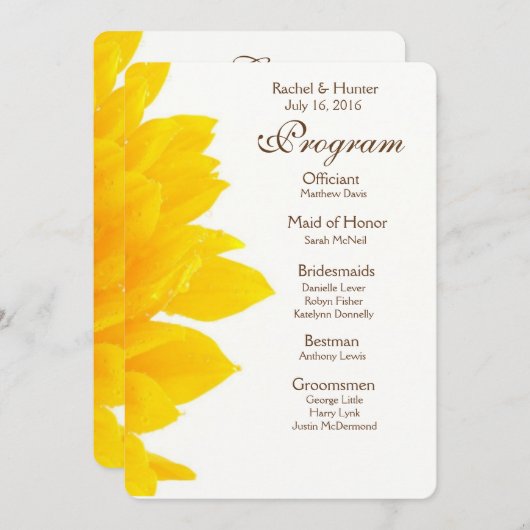 Rustikales Hochzeitsprogramm für Sonnenblumen Programm (Vorne/Hinten)