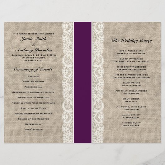 Rustikales Hochzeitsprogramm für Spitzen und Burla (Rückseite)