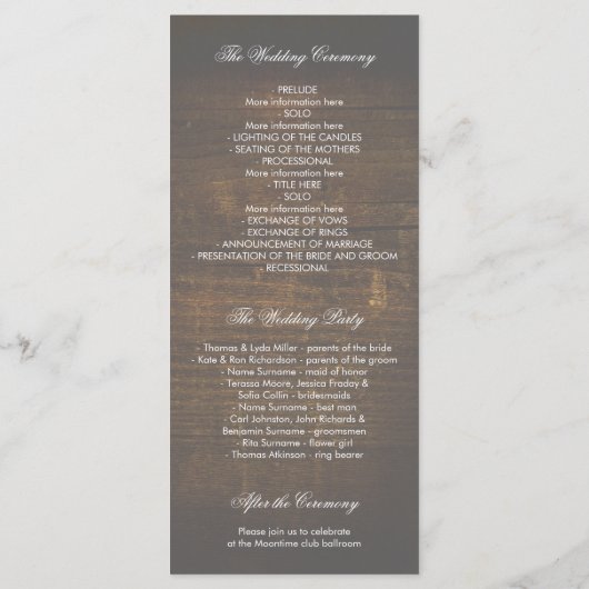 Rustikales Hochzeitsprogramm für Spitzen und Holz Programm (Rückseite)