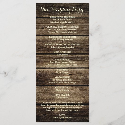 Rustikales Hochzeitsprogramm für Stallholz Programm (Rückseite)