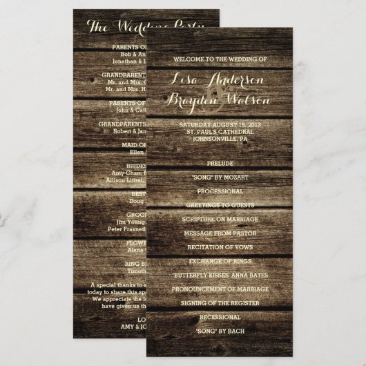 Rustikales Hochzeitsprogramm für Stallholz Programm (Vorne/Hinten)