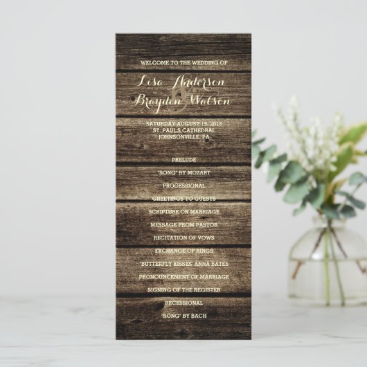 Rustikales Hochzeitsprogramm für Stallholz Programm (Stehend Vorderseite)