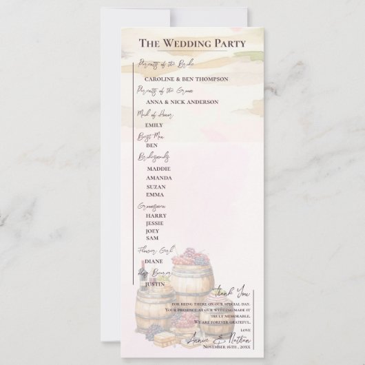 Rustikales Hochzeitsprogramm für Weinkeller mit We Einladung (Rückseite)