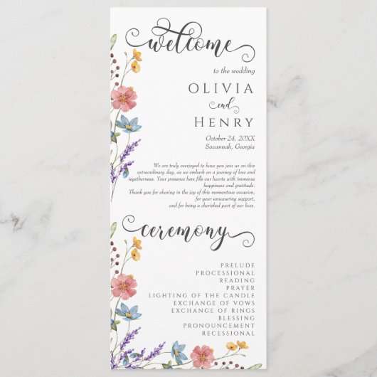 Rustikales Hochzeitsprogramm für Wildblumen im Gar Programm (Vorderseite)