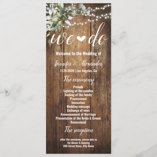 Rustikales Hochzeitsprogramm Grünzeug Eukalyptus Programm (Vorderseite)