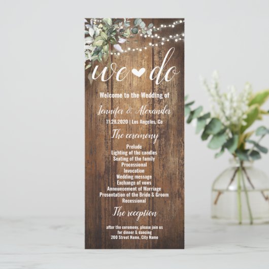Rustikales Hochzeitsprogramm Grünzeug Eukalyptus Programm (Stehend Vorderseite)