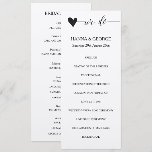 Rustikales Hochzeitsprogramm Herz-Kalligrafie Programm (Vorne/Hinten)