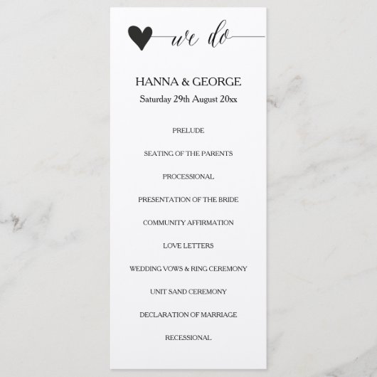 Rustikales Hochzeitsprogramm Herz-Kalligrafie Programm (Vorderseite)