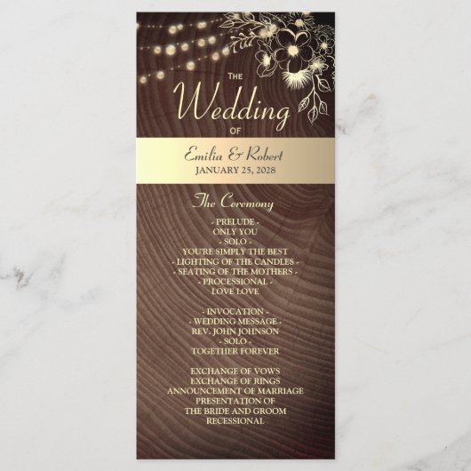 Rustikales Hochzeitsprogramm mit String Lights Programm (Vorderseite)