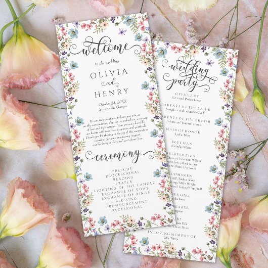 Rustikales Hochzeitsprogramm mit Wildblumenflorist Menükarte
