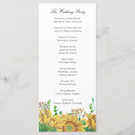 Rustikales Hochzeitsprogramm Sonnenblumen Programm (Rückseite)