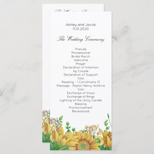 Rustikales Hochzeitsprogramm Sonnenblumen Programm (Vorne/Hinten)