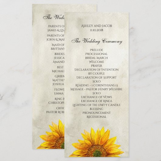 Rustikales Hochzeitsprogramm. Sonnenblumenkarte Programm (Vorne/Hinten)