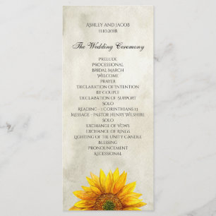 Rustikales Hochzeitsprogramm. Sonnenblumenkarte Programm