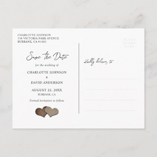 Rustikales Hochzeitsstil Save the Date Ankündigungspostkarte (Rückseite)