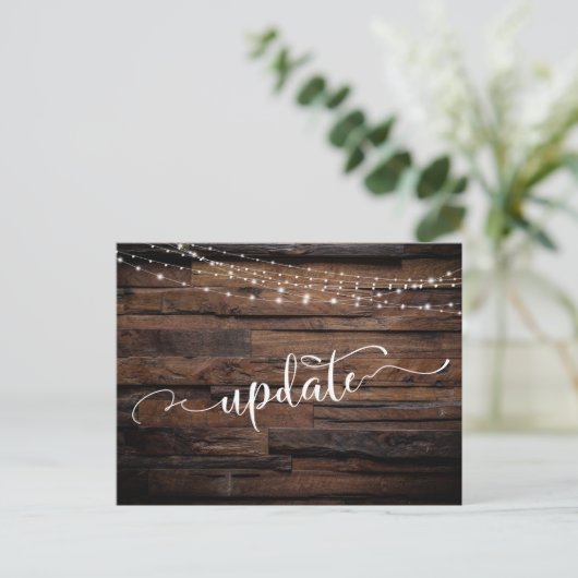 Rustikales Hochzeitsupdate für Holz und Lichter Postkarte (Stehend Vorderseite)