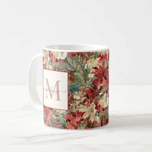 Rustikales Holiday Poinsettia Weihnachtsmonogramm Kaffeetasse (Vorderseite Links)
