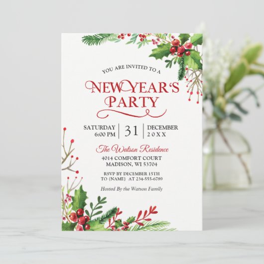 Rustikales Holly Berries Klassisches Neujahrsfest- Einladung (Stehend Vorderseite)