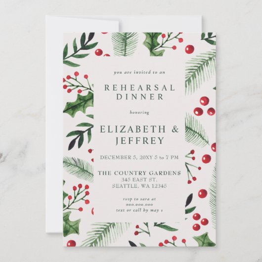 Rustikales Holly Berries Weihnachtsessen Probe Einladung (Vorderseite)