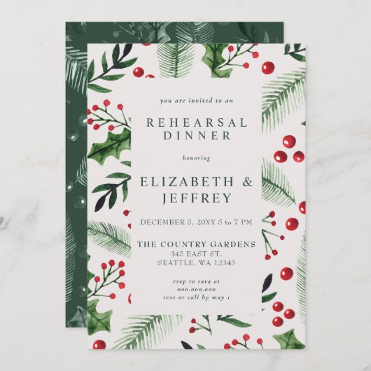 Rustikales Holly Berries Weihnachtsessen Probe Einladung (Vorne/Hinten)