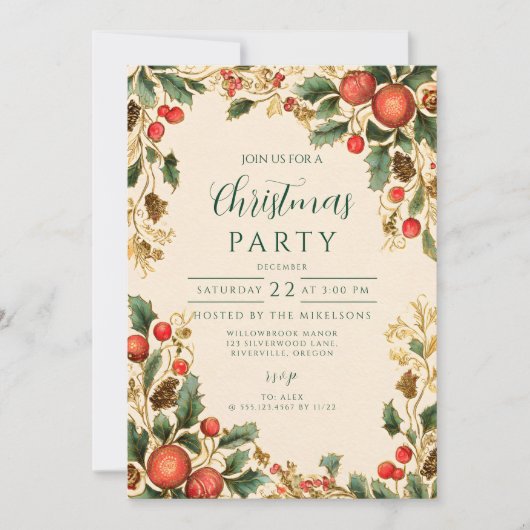 Rustikales Holly Pomegranate Weihnachtsgebäck Part Einladung (Vorderseite)
