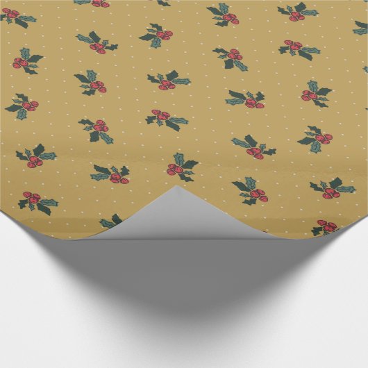 Rustikales Holly und Polka dots gold Geschenkpapier (Ecke)