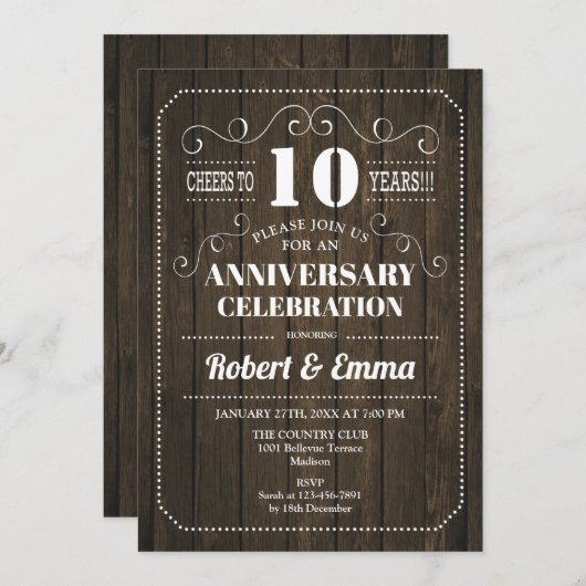 Rustikales Holz 10. Hochzeitstag Party Einladung (Vorne/Hinten)