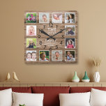 Rustikales Holz 12 Foto Collage Familienzeitangebo Quadratische Wanduhr<br><div class="desc">Rustikale Holzuhr mit inspirierend Familienausdruck "Zeit mit der Familie ist jede Sekunde wert". Personalisieren Sie Ihre Lieblingsbilder mit 12 Familienbildern.</div>