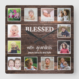 Rustikales Holz 12 Foto gesegnet mit Großkindern Quadratische Wanduhr