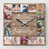 Rustikales Holz 16 Foto Collage Großkinder Zitat Quadratische Wanduhr (Vorderseite)