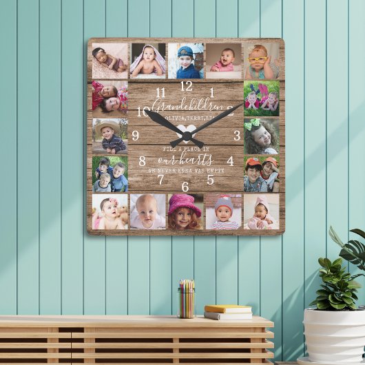 Rustikales Holz 16 Foto Collage Großkinder Zitat Quadratische Wanduhr