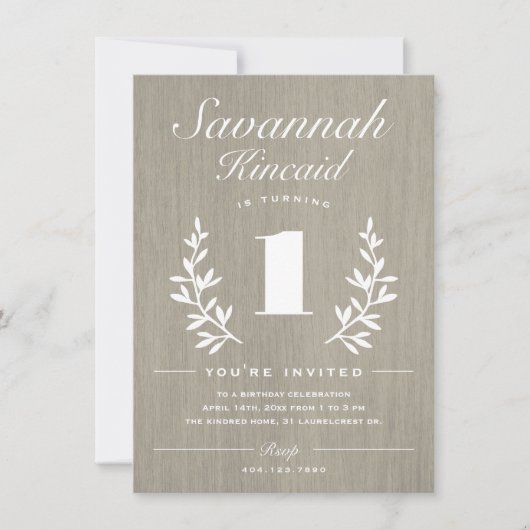 Rustikales Holz 1. Geburtstag Party Einladung (Vorderseite)