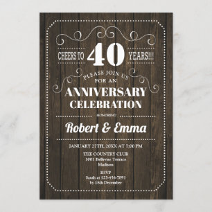 Rustikales Holz 40-jähriges Party zum Hochzeitstag Einladung