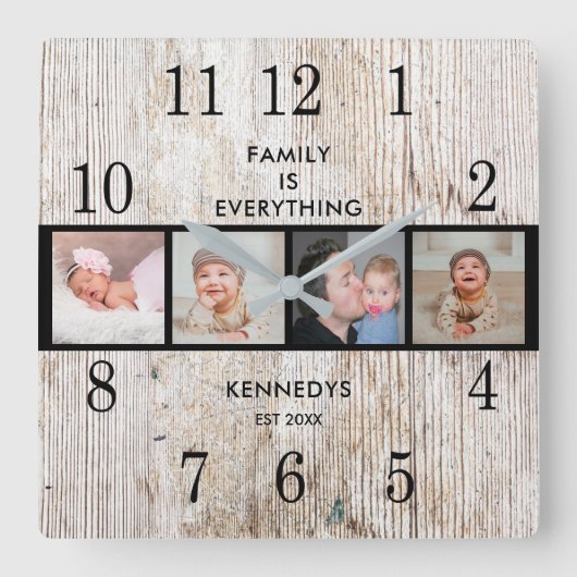 Rustikales Holz 4 Foto Collage Familienangebot Quadratische Wanduhr (Vorderseite)