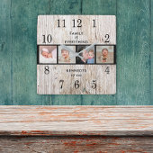 Rustikales Holz 4 Foto Collage Familienangebot Quadratische Wanduhr