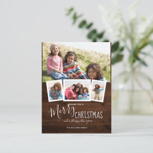 Rustikales Holz 4 Foto Collage Frohe Weihnachten (Stehend Vorderseite)