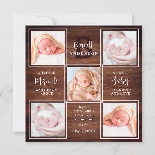 Rustikales Holz 5 Foto Collage Neuer Babystatus Ge Ankündigung (Vorderseite)