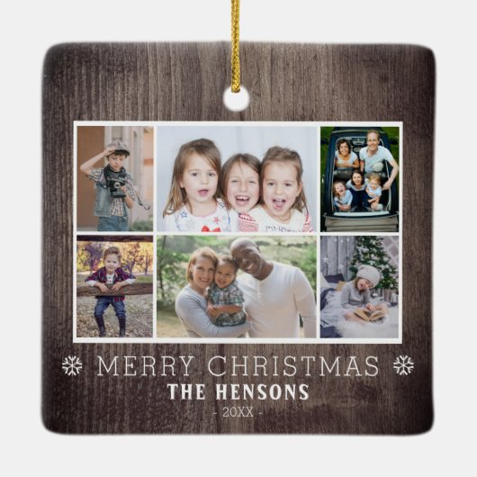Rustikales Holz 6 Foto Collage Weihnachtsfamilie Keramikornament (Rückseite)