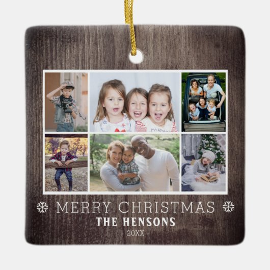 Rustikales Holz 6 Foto Collage Weihnachtsfamilie Keramikornament (Vorderseite)