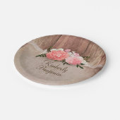 Rustikales Holz Altes Burlap Pink Blume Stall Hoch Pappteller (Schrägansicht)