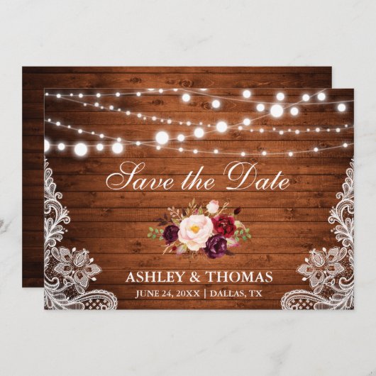 Rustikales Holz an der Spitze Burgund Save the Dat Save The Date (Vorne/Hinten)
