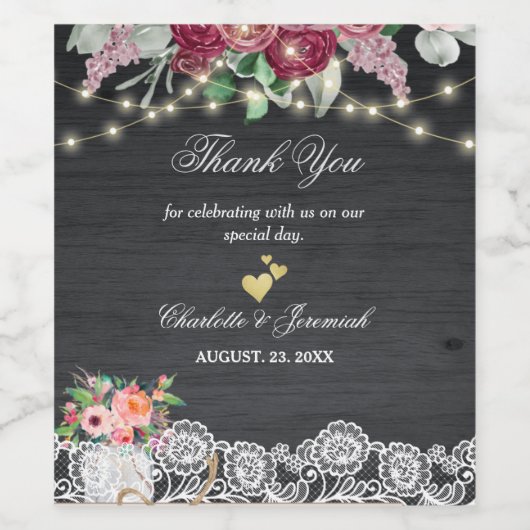 Rustikales Holz an der Spitze Lichter Danke Hochze Weinetikett (Einzelnes Label)