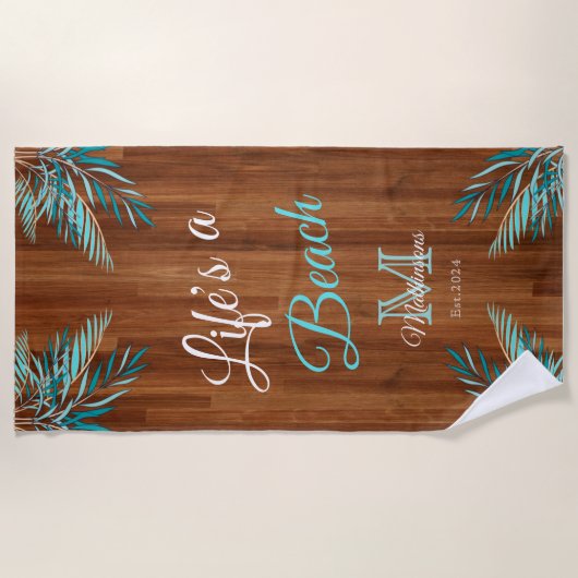 Rustikales Holz Aquamarin Blue Palm Modernes Leben Strandtuch (Vorderseite)