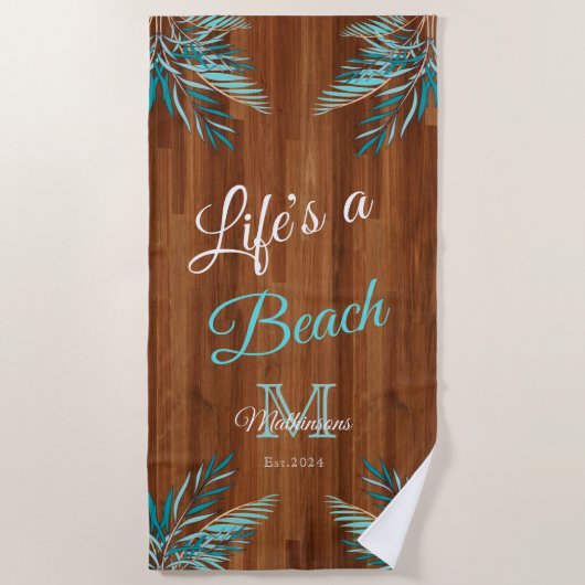 Rustikales Holz Aquamarin Blue Palm Modernes Leben Strandtuch (Vorderseite)